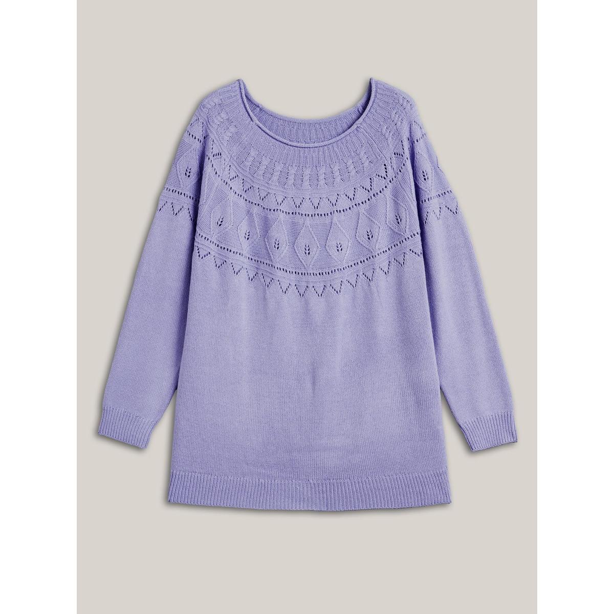 Plus Size Eyelet Trim Cable Knit Round Neck Pullover Lilac Women Casual Loose Long Sleeve Round Neck Everyday Pullovers BloomChic 28/5X Product Image