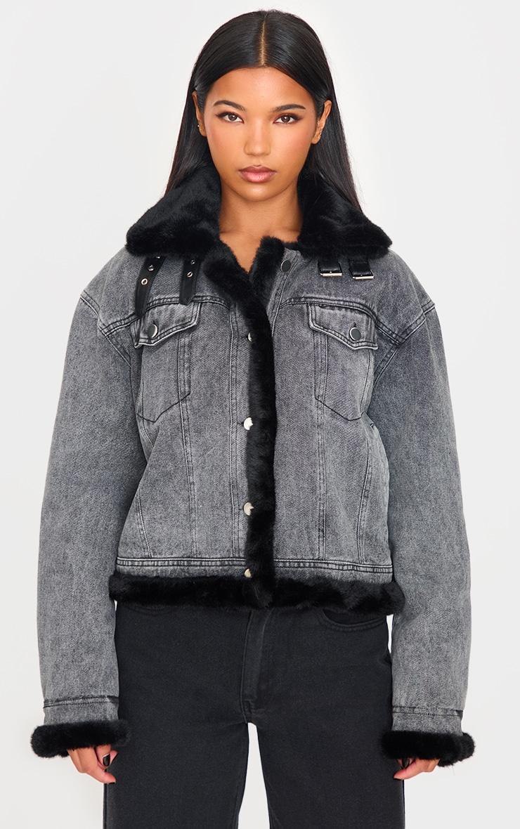 Grey Soft Faux Fur Aviator Style Denim Jacket Product Image