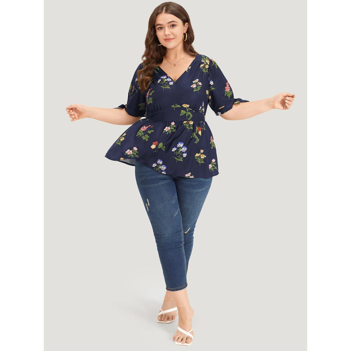 Plus Size Indigo Floral Print Knot Gathered Elastic Waist Blouse Women Elegant Short sleeve V-neck Dailywear Blouses BloomChic 14-16/1X Product Image