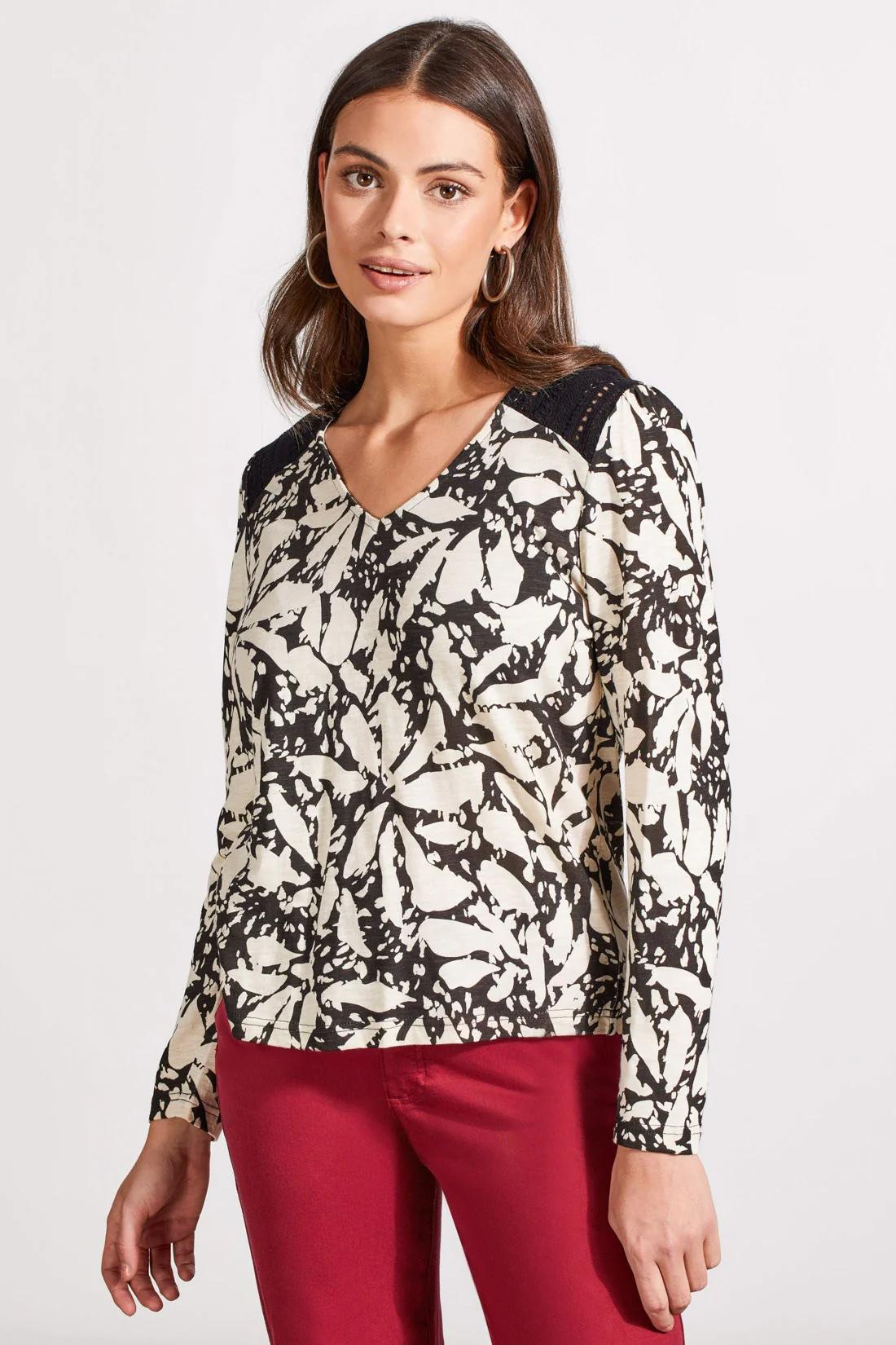 LONG SLEEVE V-NECK TOP WITH LACE DETAIL Product Image