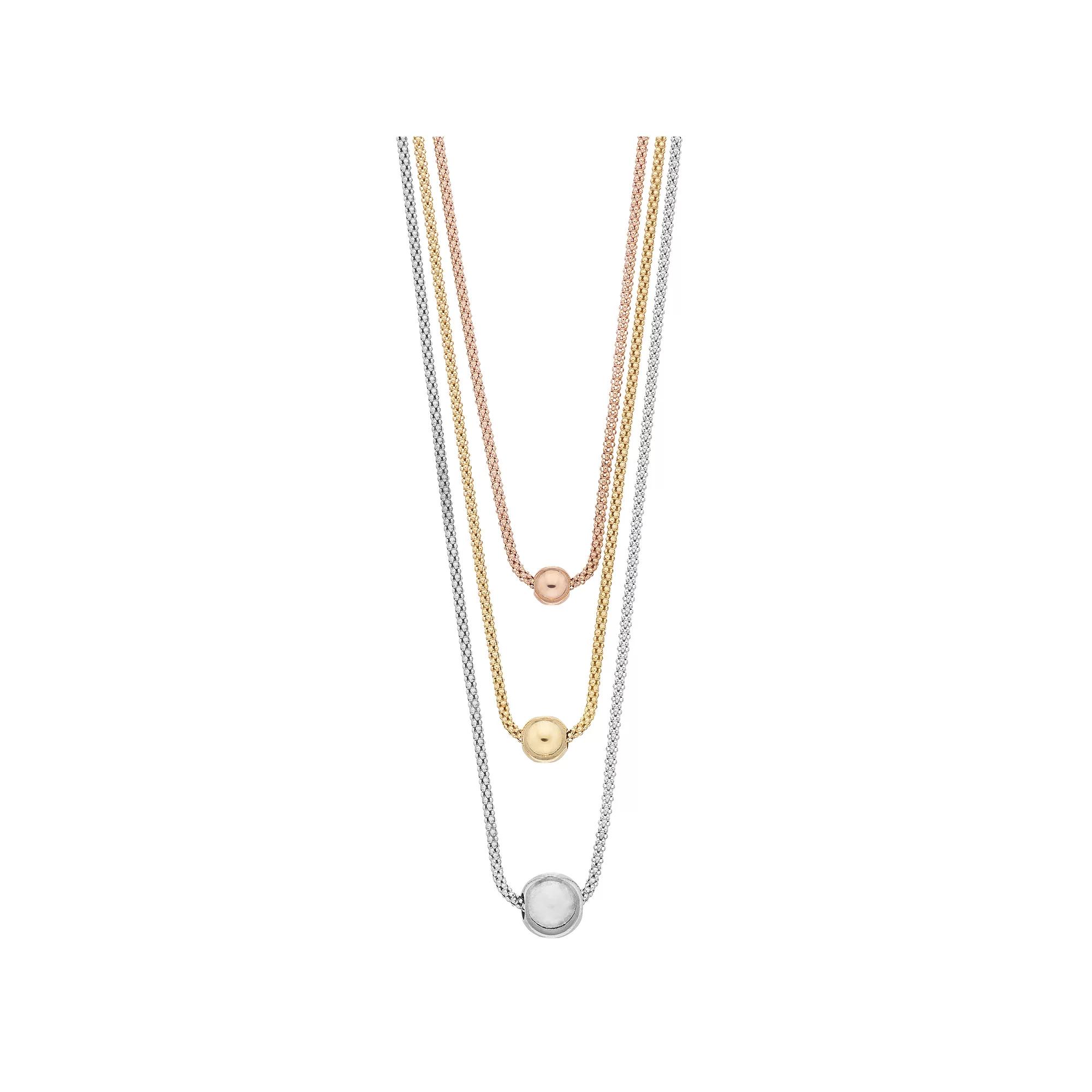 Tri-Tone Sterling Silver Multistrand 3-Bead Necklace, Women's, Size: 17" Product Image