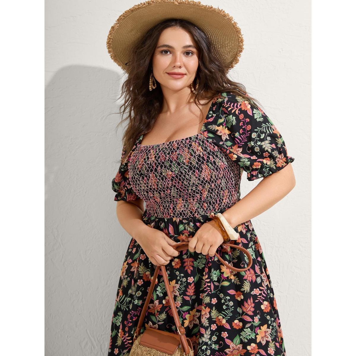 Plus Size Net Shirred Paisley Print Midi Dress Black Women Shirred Square Neck Short sleeve Curvy BloomChic 18-20/2X Product Image
