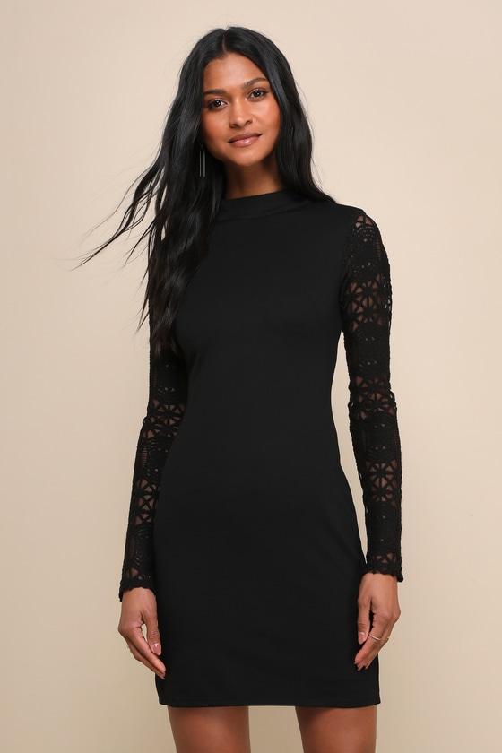 Lace Up Your Sleeve Black Lace Long Sleeve Bodycon Dress Product Image