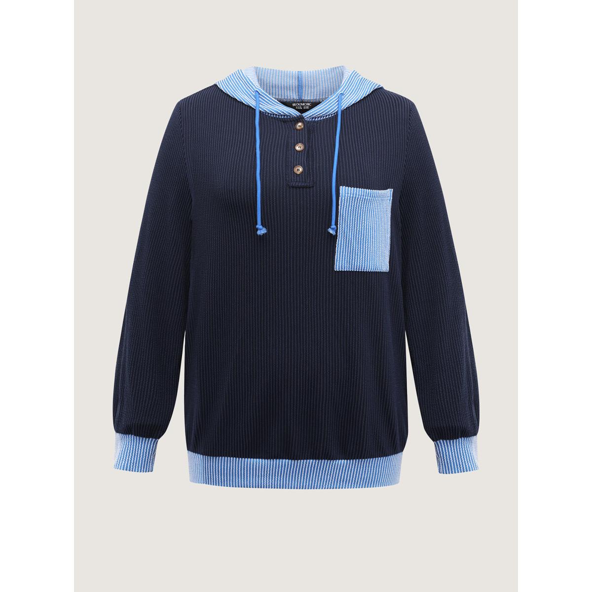 Plus Size Color Contrast Textured Spliced Hoodie Women Indigo Playful Texture Hooded Casual Sweatshirts BloomChic 26/4X Product Image