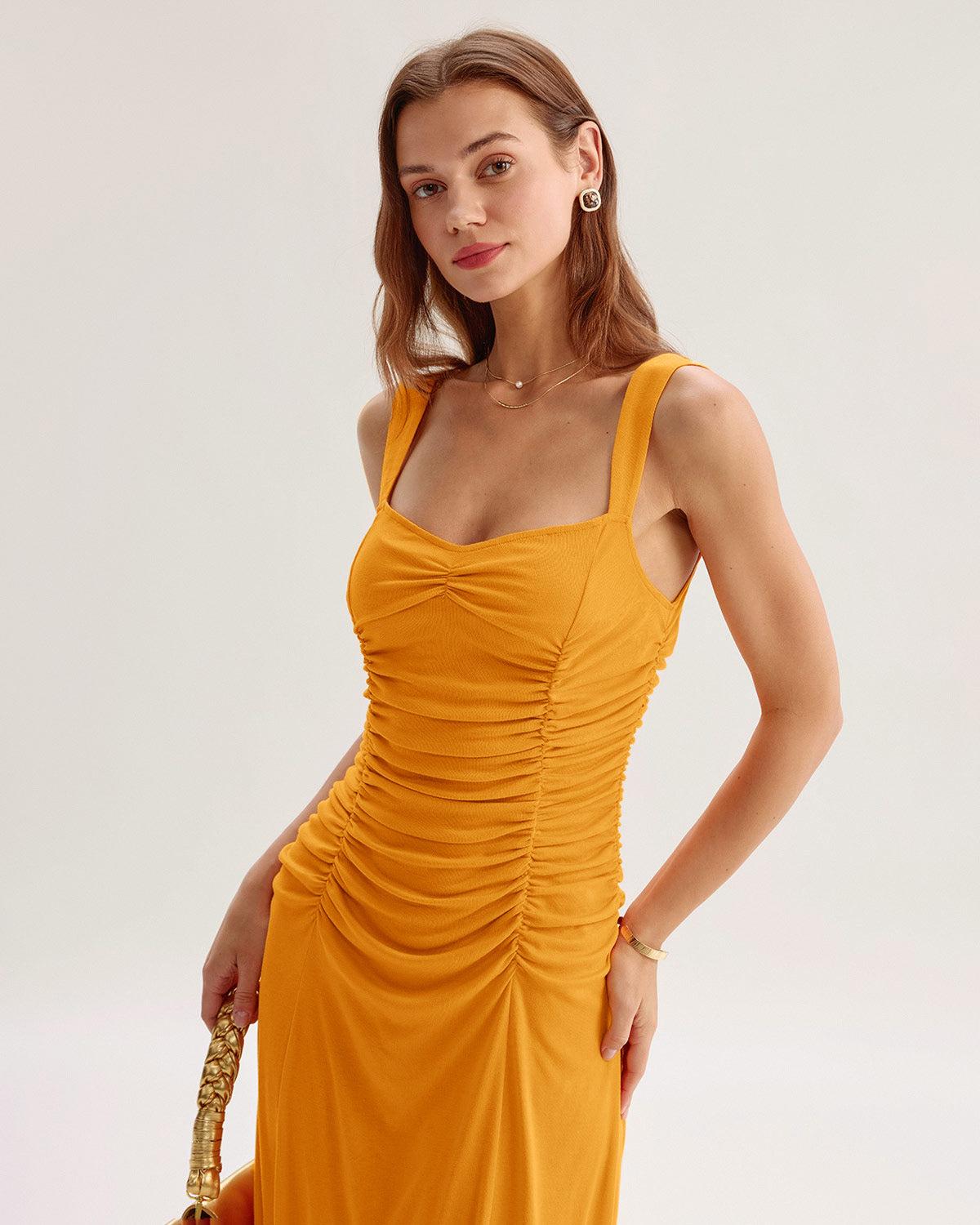 Orange Ruched Knitted Slip Midi Dress Product Image