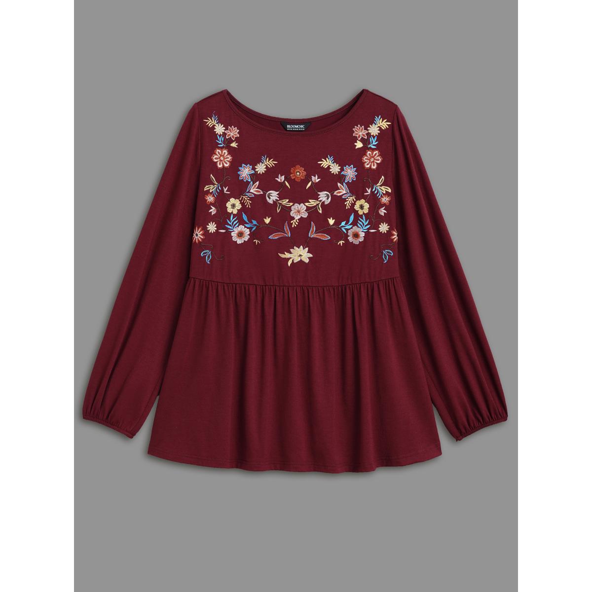 Plus Size Floral Embroidery Gathered Lantern Sleeve T-shirt Scarlet Women Elegant Gathered Natural Flowers Boat Neck Everyday T-shirts BloomChic 10/M Product Image