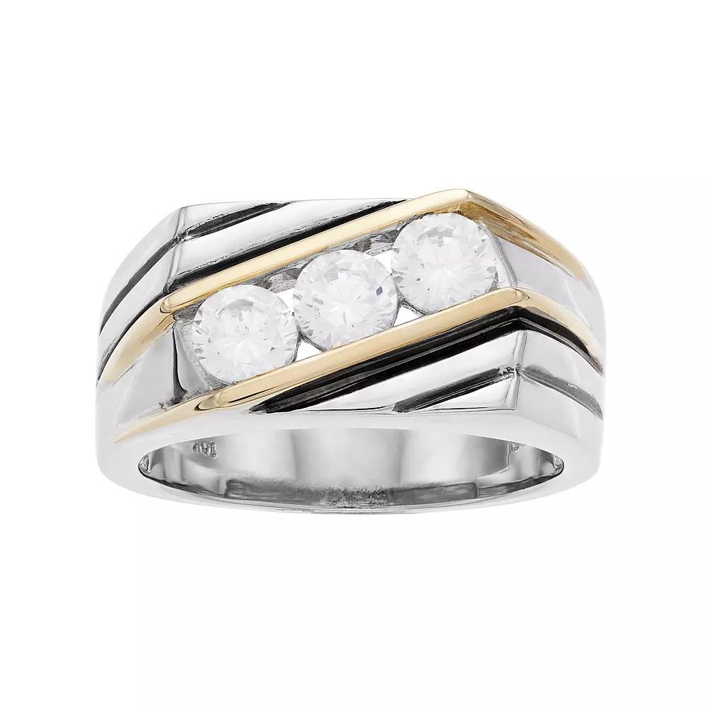 Men's Two Tone Sterling Silver Cubic Zirconia 3-Stone Ring, Size: 11 Product Image