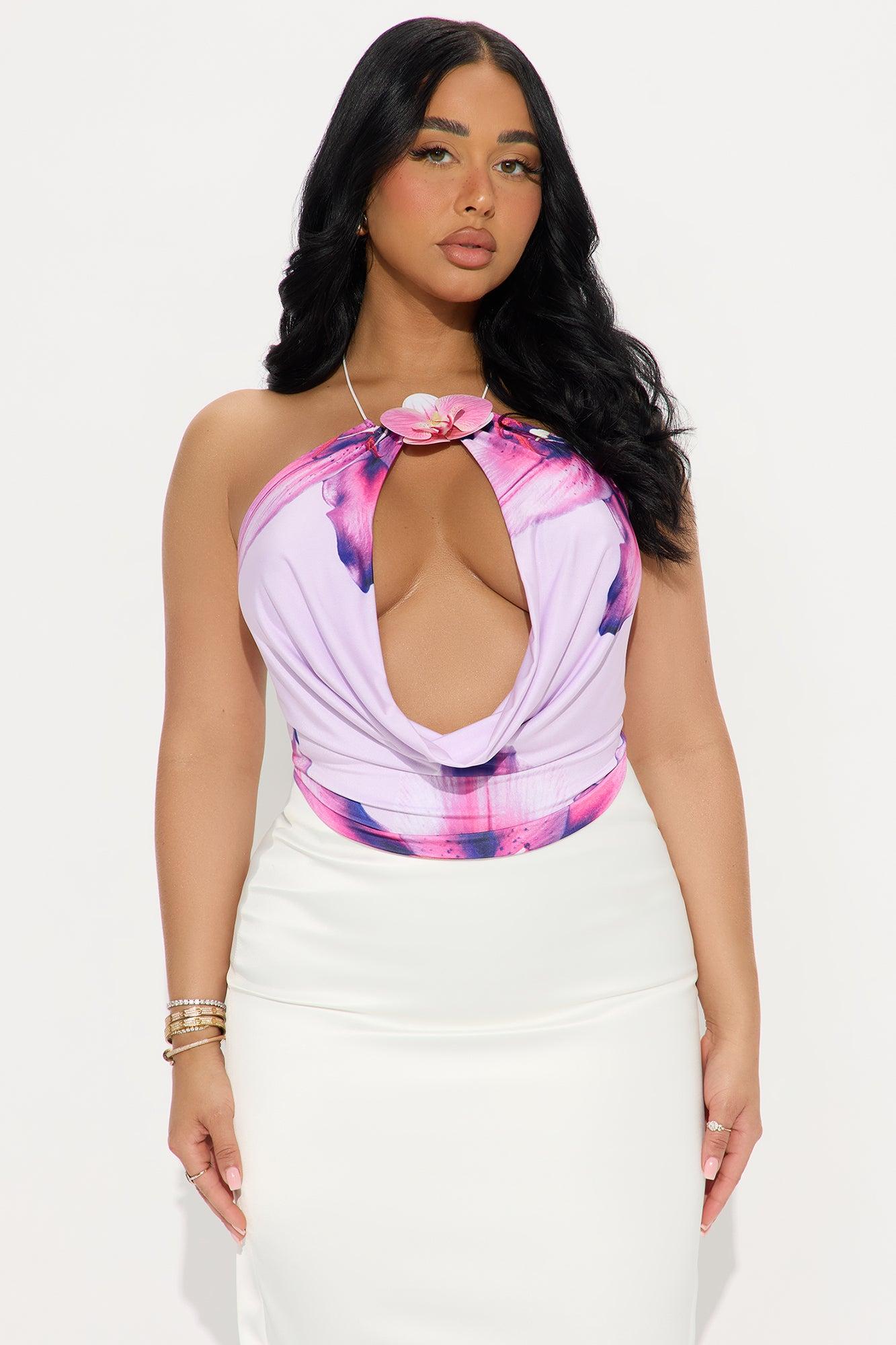 Floral Escape Cowl Neck Halter Top  - Purple/combo Product Image