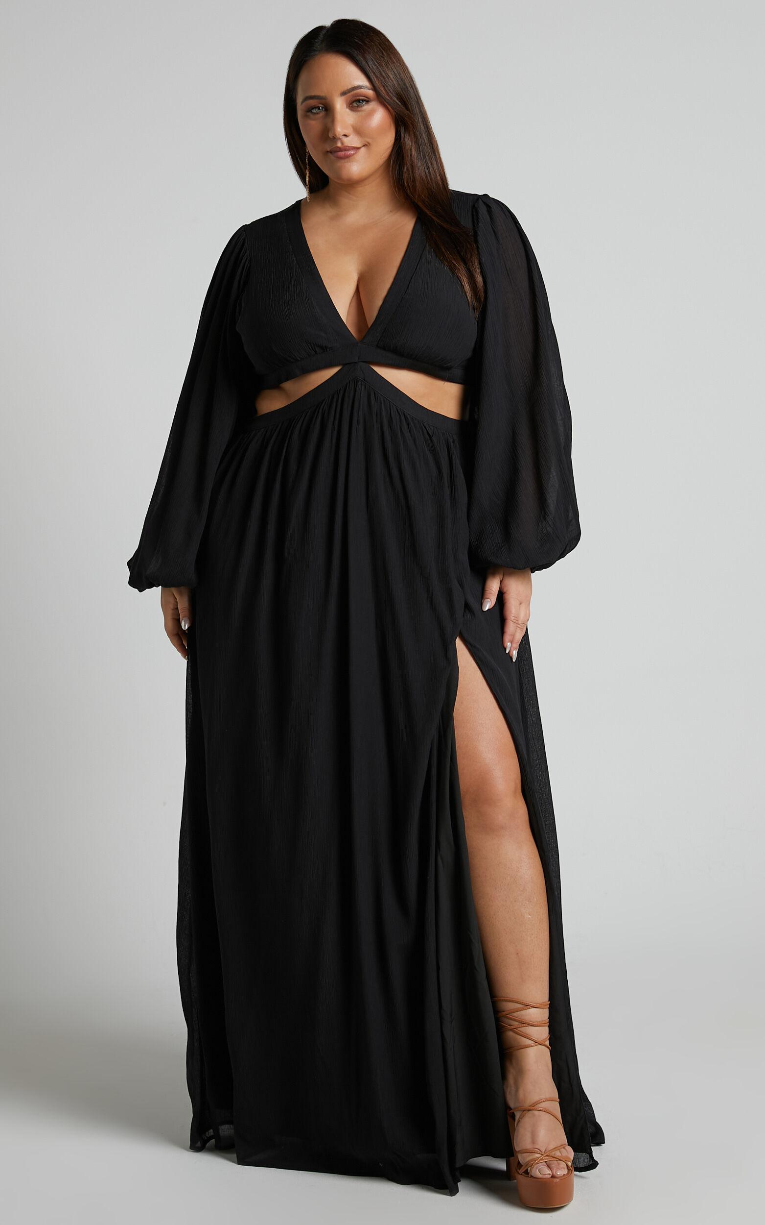 Paige Maxi Dress - Side Cut Out Balloon Sleeve Dress in Black Product Image