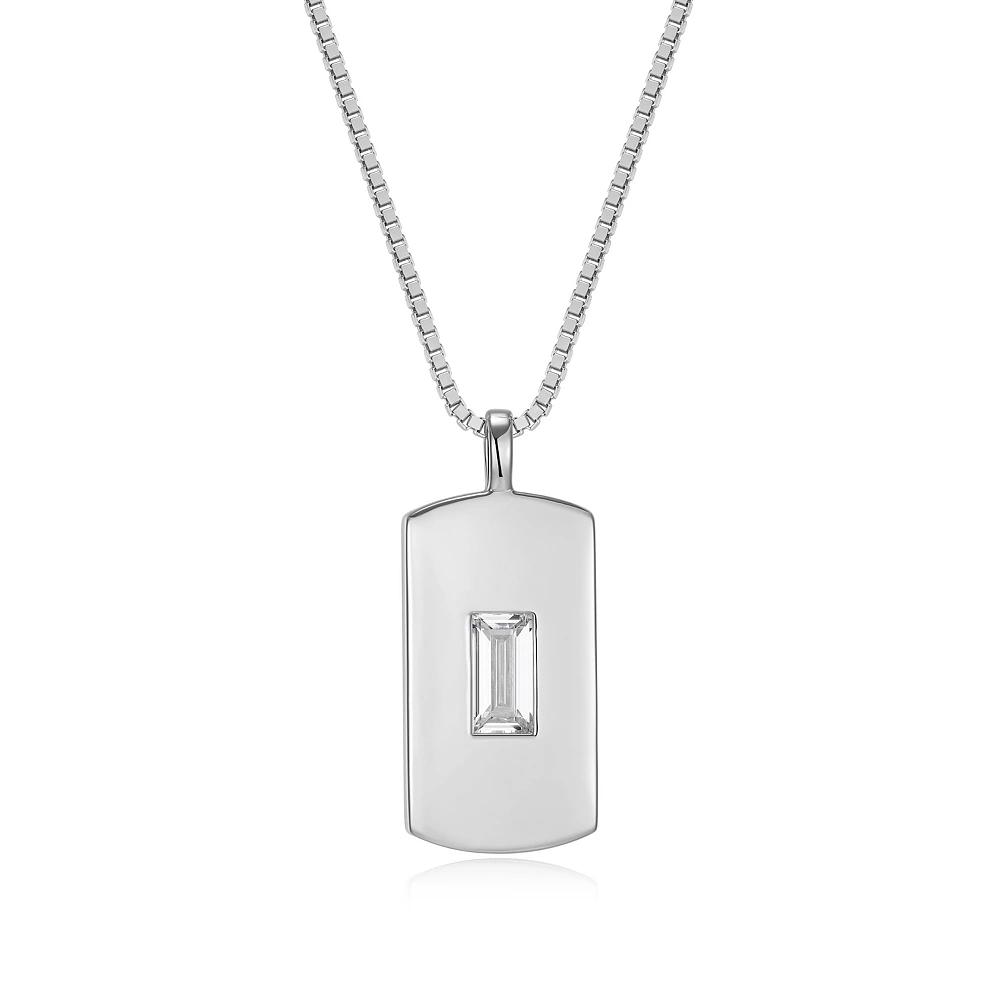 Men's Sterling Silver Cubic Zirconia Baguette Dog Tag Pendant Necklace, Size: 22" Product Image