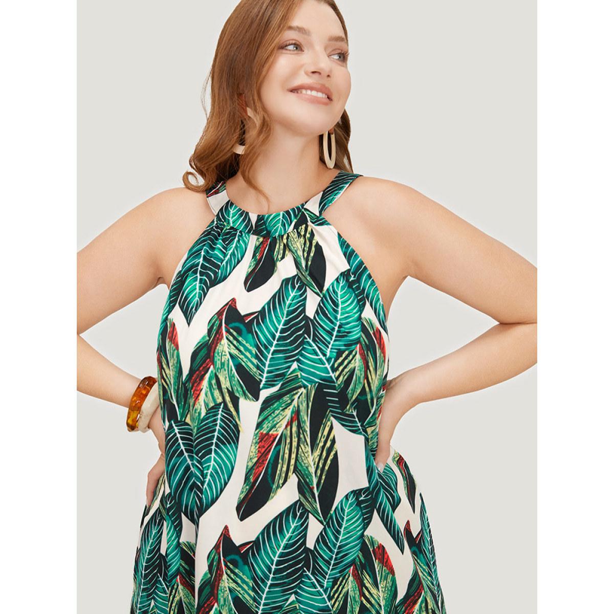 Plus Size Tropical Print Pocket Keyhole Knotted Halter Dress Green Women Vacation Keyhole Halter neck Sleeveless Curvy Knee Dress BloomChic 12/L Product Image