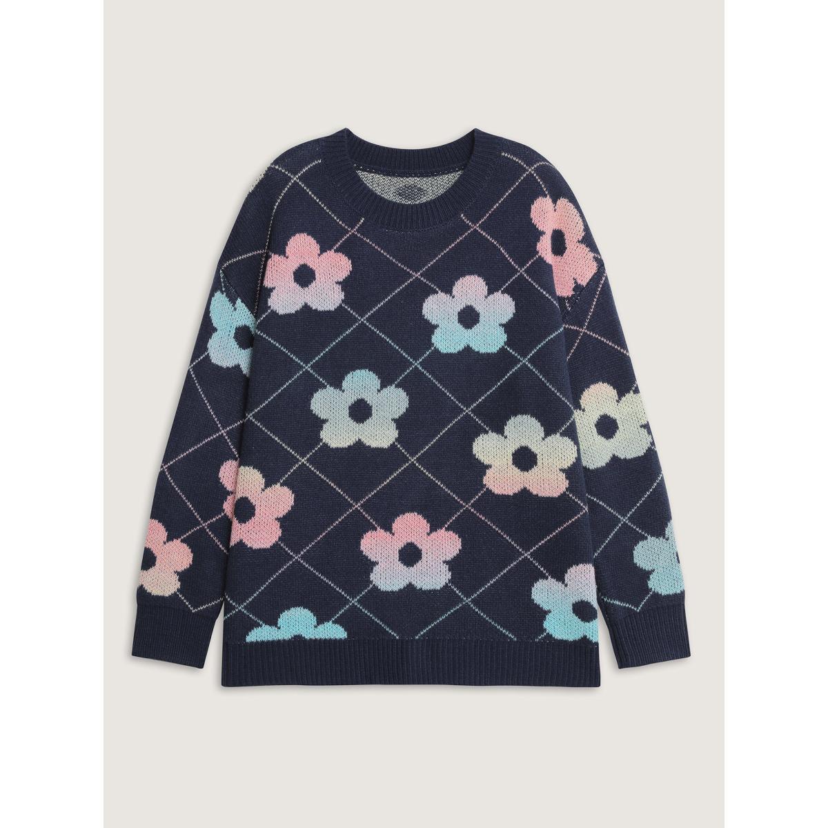 Plus Size Floral Color Gradient Round Neck Pullover Multicolor Women Playful Loose Long Sleeve Round Neck Casual Pullovers BloomChic 18-20/2X Product Image