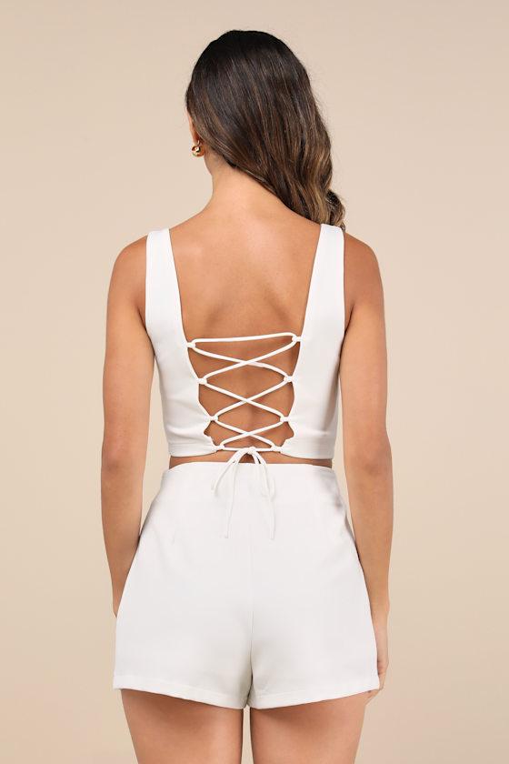 Exceptionally Styled Ivory Lace-Up Two-Piece Skort Romper Product Image