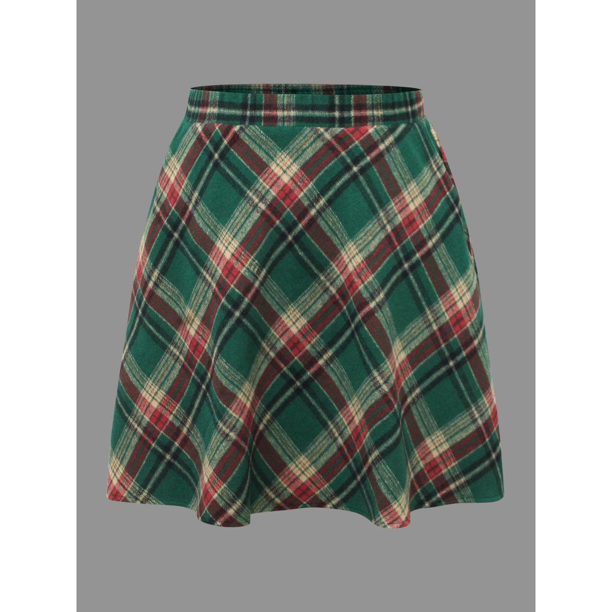 Plus Size Plaid Pattern Elastic Waist A-line Mini Skirt Women DarkGreen Retro Low stretch Slanted pocket Elegant Skirts BloomChic 22-24/3X Product Image