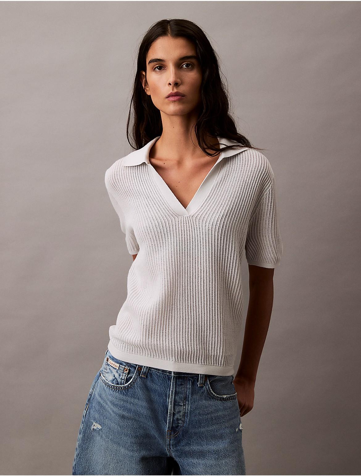 Calvin Klein Womens Open Knit Relaxed Polo Sweater - Grey Product Image