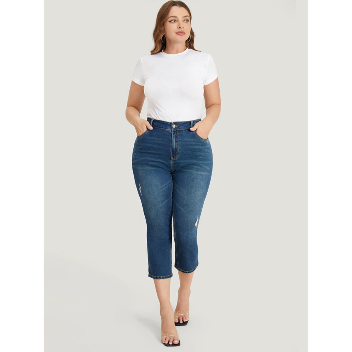 Plus Size Very Stretchy High Rise Medium Wash Ripped Detail Cropped Jeans Women Indigo Casual Plain High stretch Pocket Jeans BloomChic 10/M Product Image