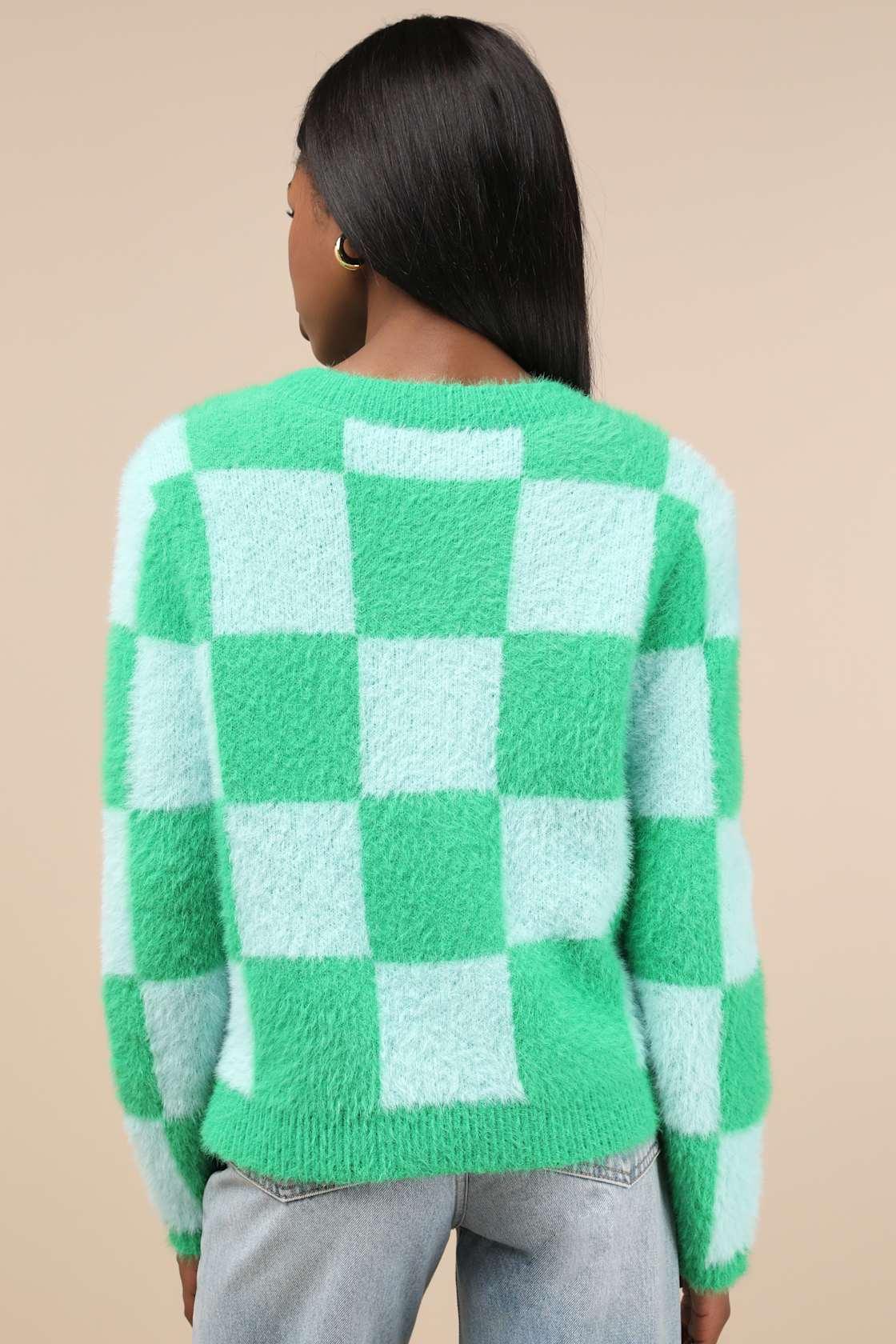 Cherished Crush Green and Blue Checkered Eyelash Knit Cardigan Product Image