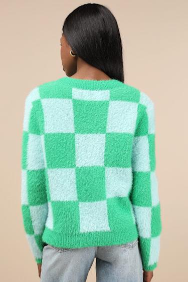 Cherished Crush Green and Blue Checkered Eyelash Knit Cardigan Product Image
