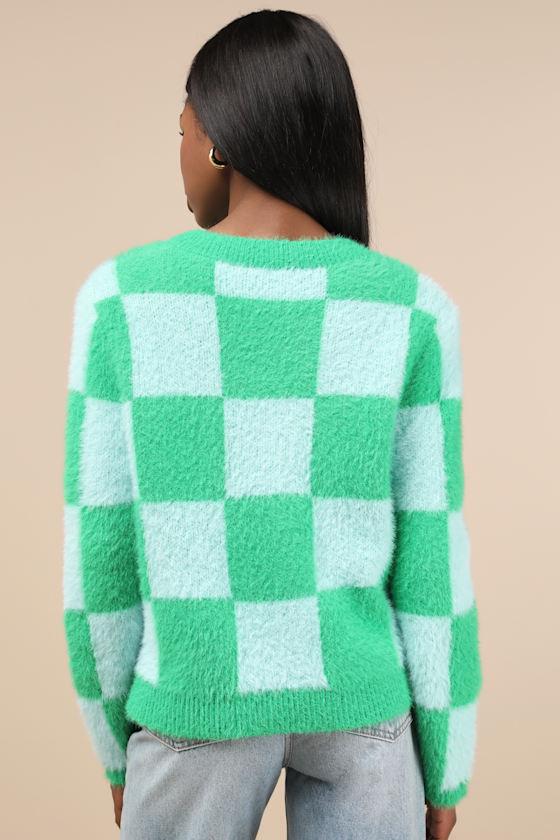 Cherished Crush Green and Blue Checkered Eyelash Knit Cardigan Product Image