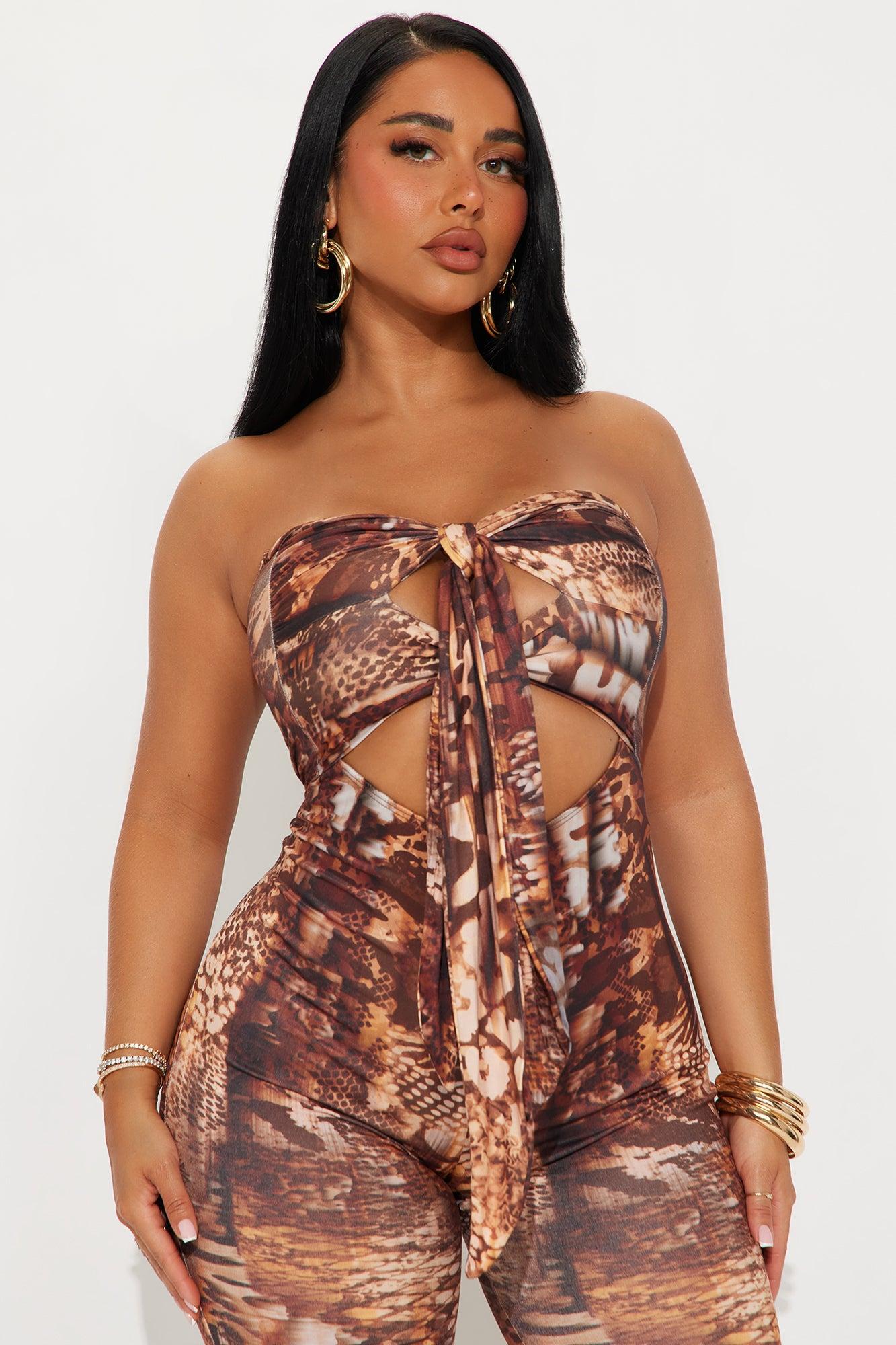 Zaria Strapless Flare Leg Jumpsuit - Brown Combo Female Product Image