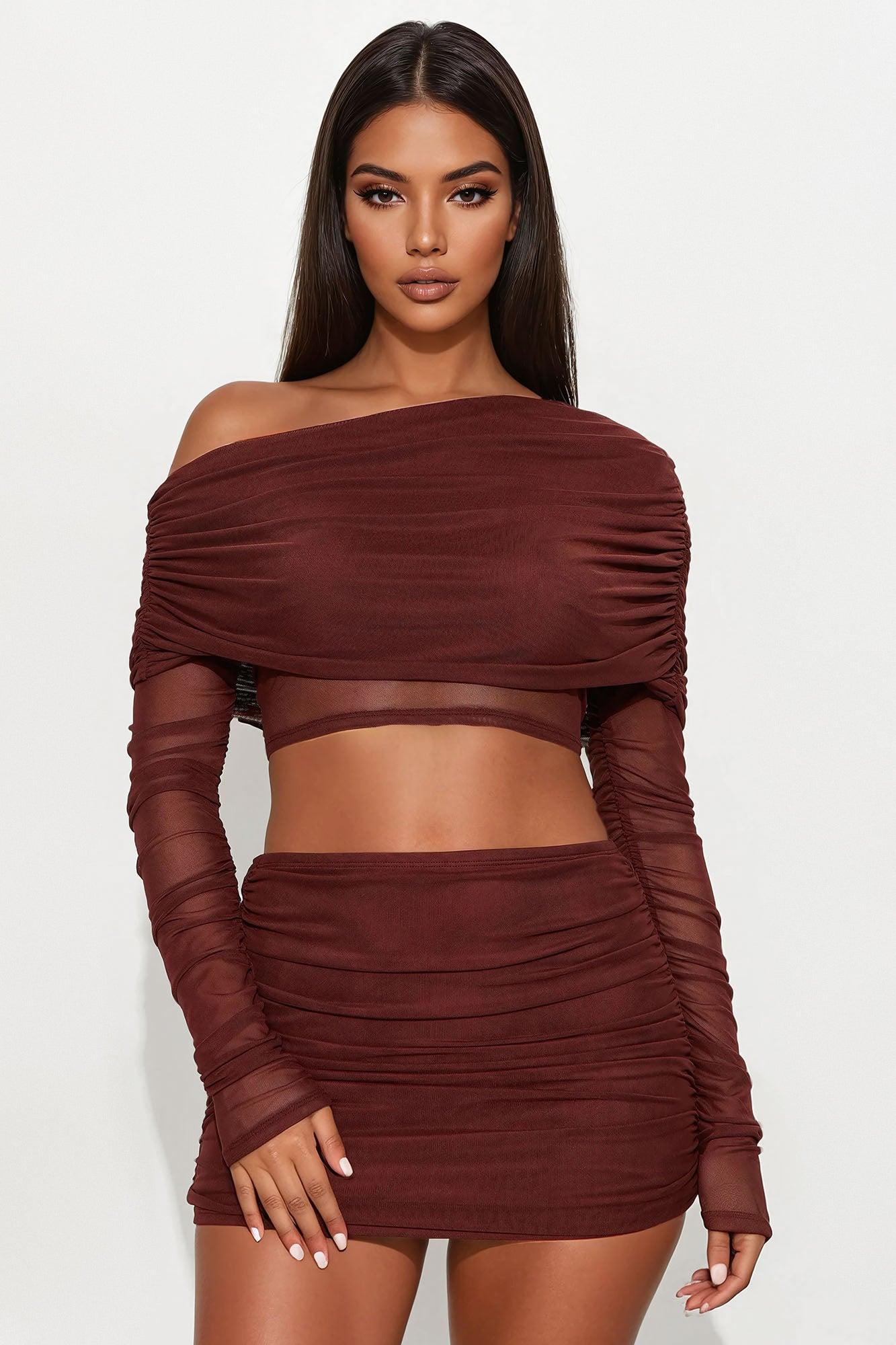 Shilo Off Shoulder Mesh Mini Skirt Set - Brown Product Image