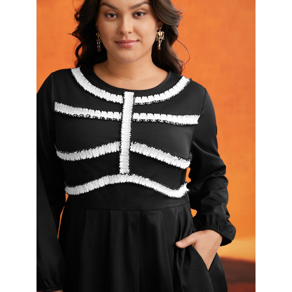 Plus Size Black And White Pleated Ribbon Midi Dress Black Women Cocktail Contrast Party Curvy Bloomchic 30/6X Product Image