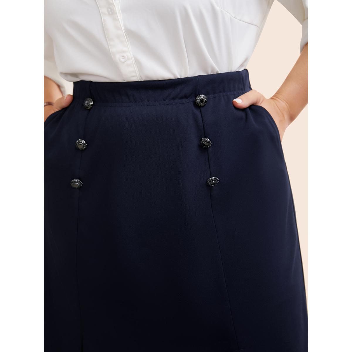 Plus Size Button Detail Split Hem Medium Stretch Skirt Women Indigo At the Office Button Medium stretch Side seam pocket Office Skirts BloomChic 10/M Product Image