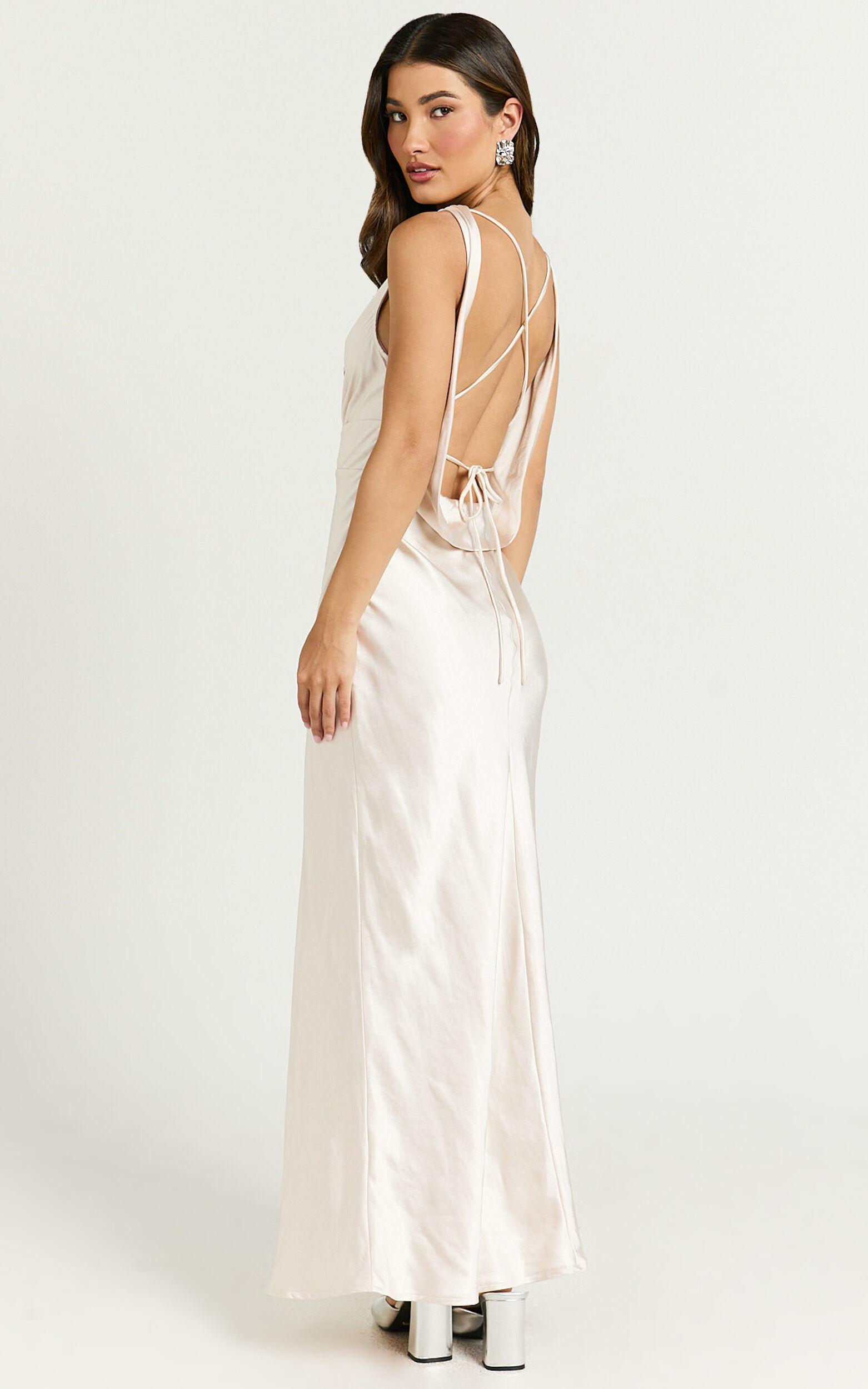 Fheliz Midi Dress - Satin Open Back Dress in Oyster Product Image