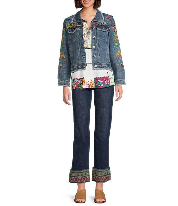 John Mark Floral-Embroidered Frayed Denim Jacket Product Image