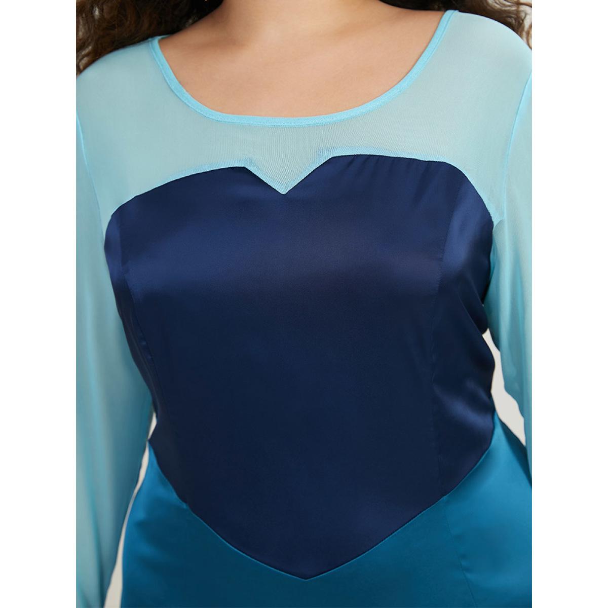 Plus Size Halloween Contrast Patchwork Mesh Dress Aegean Women Elegant See through Round Neck Long Sleeve Curvy Midi Dress BloomChic 12/L Product Image