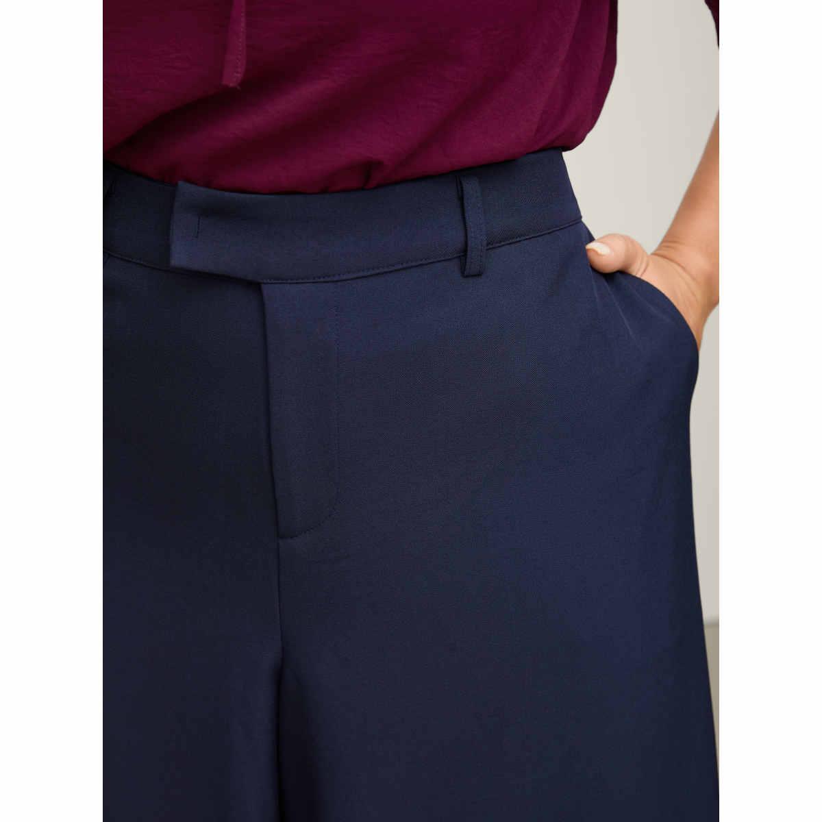 Plus Size Elastic Back Waist Metal Buckle Pants Women Indigo Office Loose Mid Rise Office Pants BloomChic 28/5X Product Image