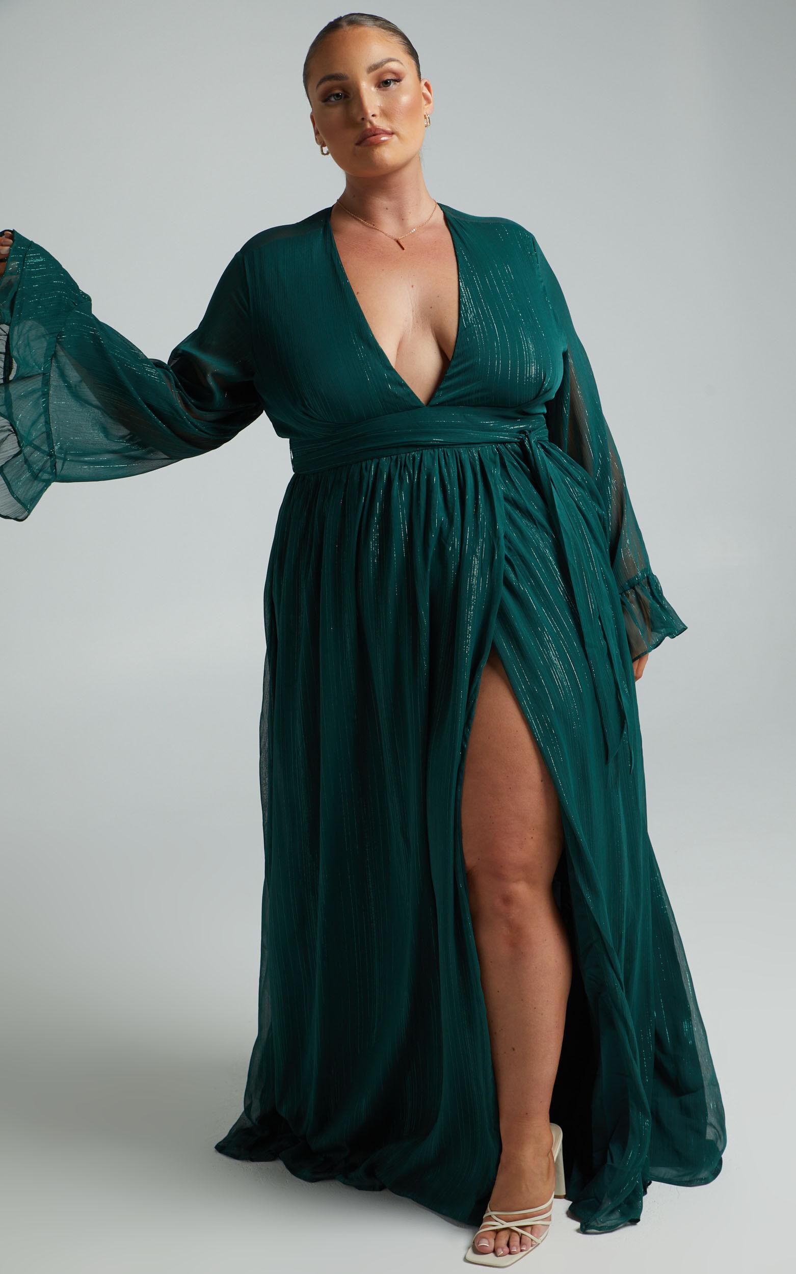 Dangerous Woman Maxi Dress - Plunge Thigh Split Dress in Emerald Product Image