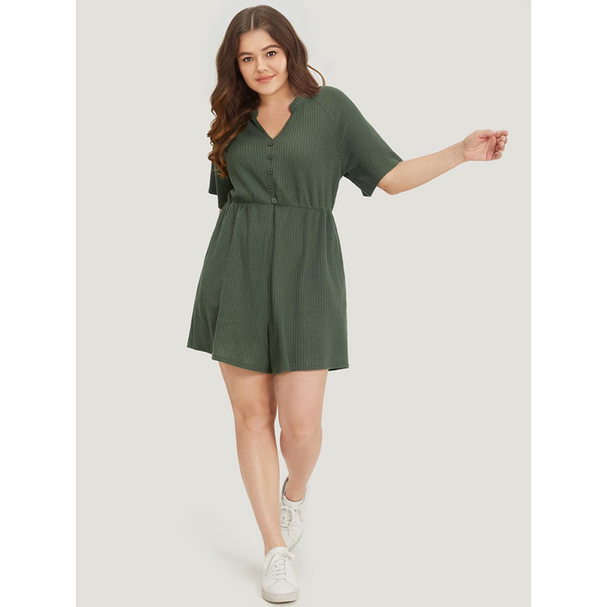 Plus Size ArmyGreen Plain Waffle Knit Pocket Button Detail Notched Jumpsuit Women Casual Short sleeve Notched collar Dailywear Loose Jumpsuits BloomChic 28/5X Product Image