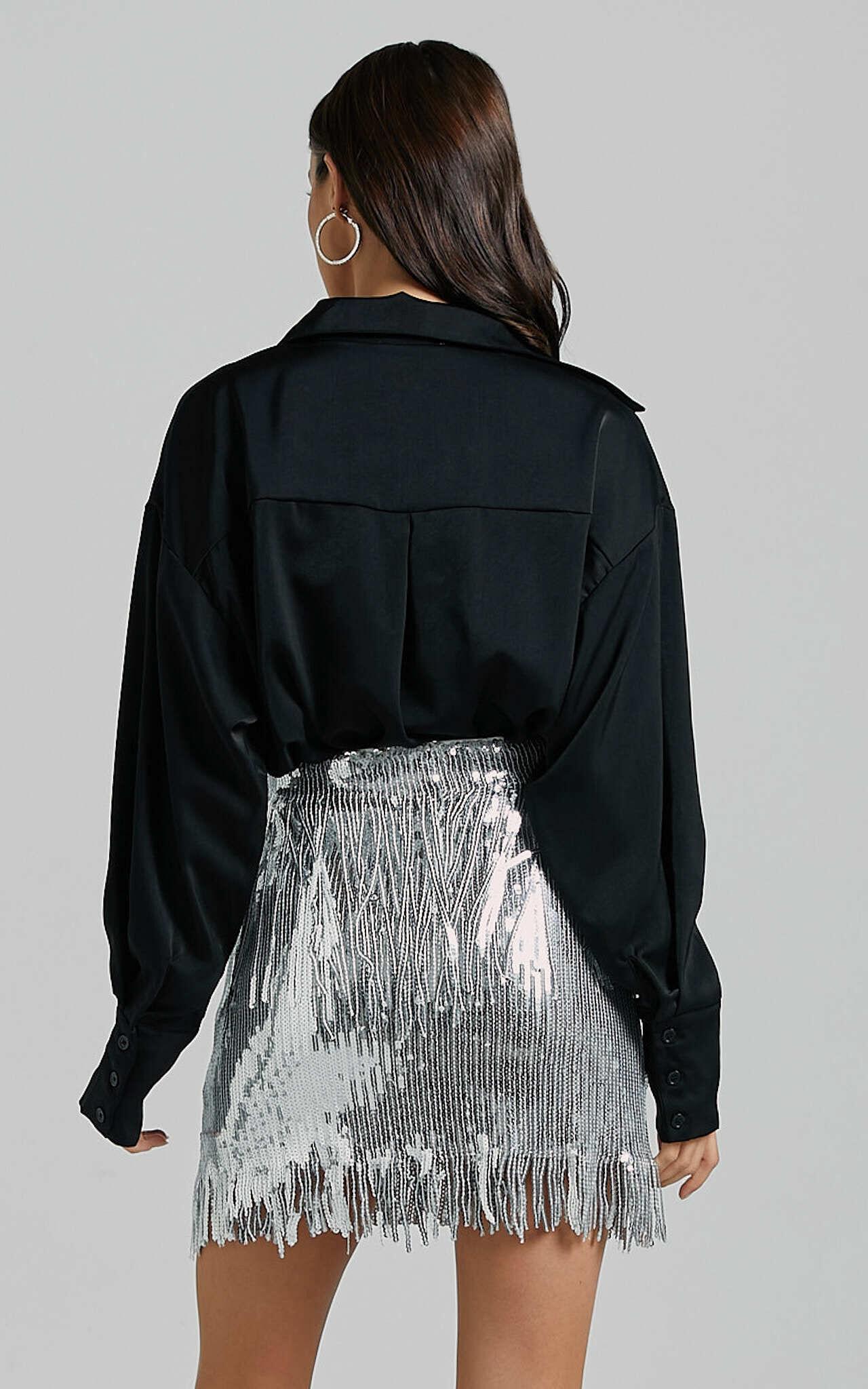 Paris Mini Skirt - Sequin Fringe High Waisted Skirt in Silver Product Image