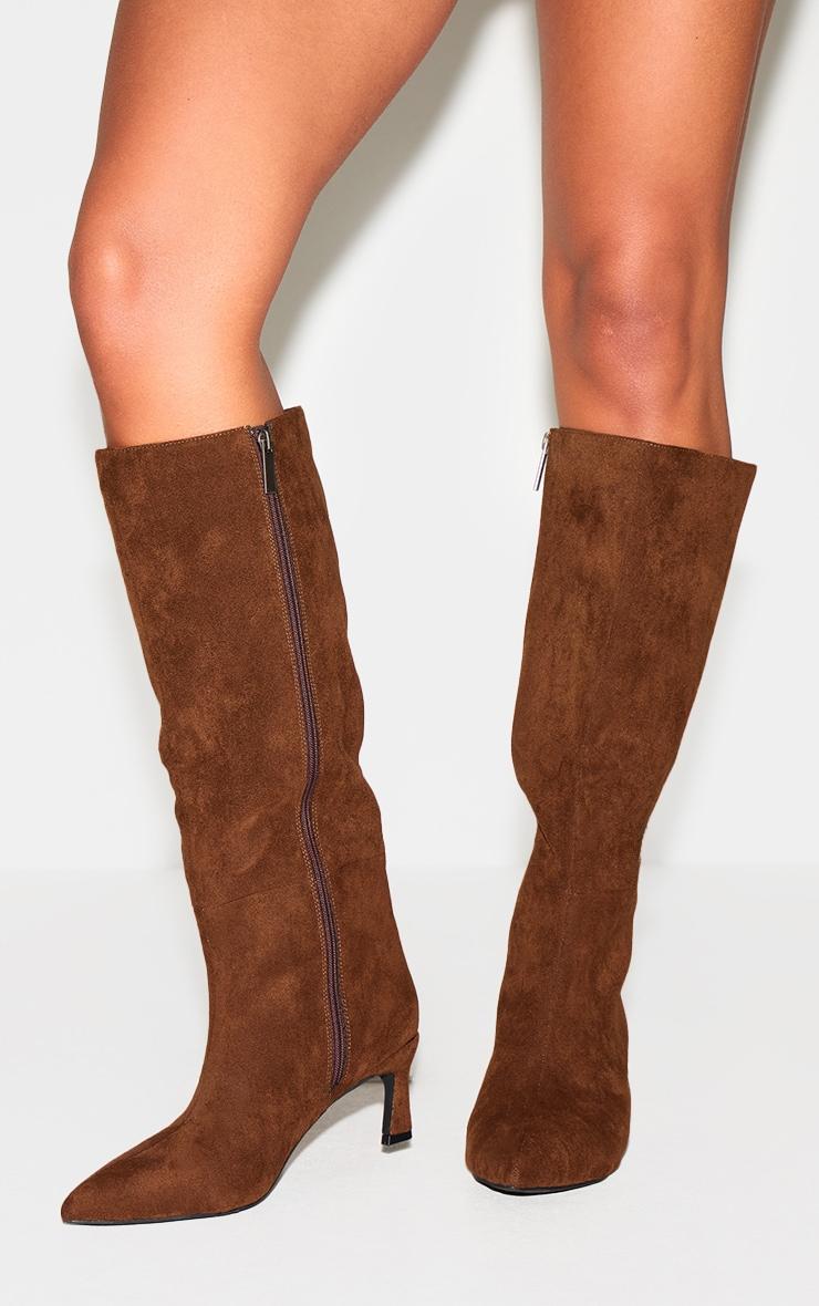 Chocolate Faux Suede Point Toe Mid Heeled Knee High Boots Product Image
