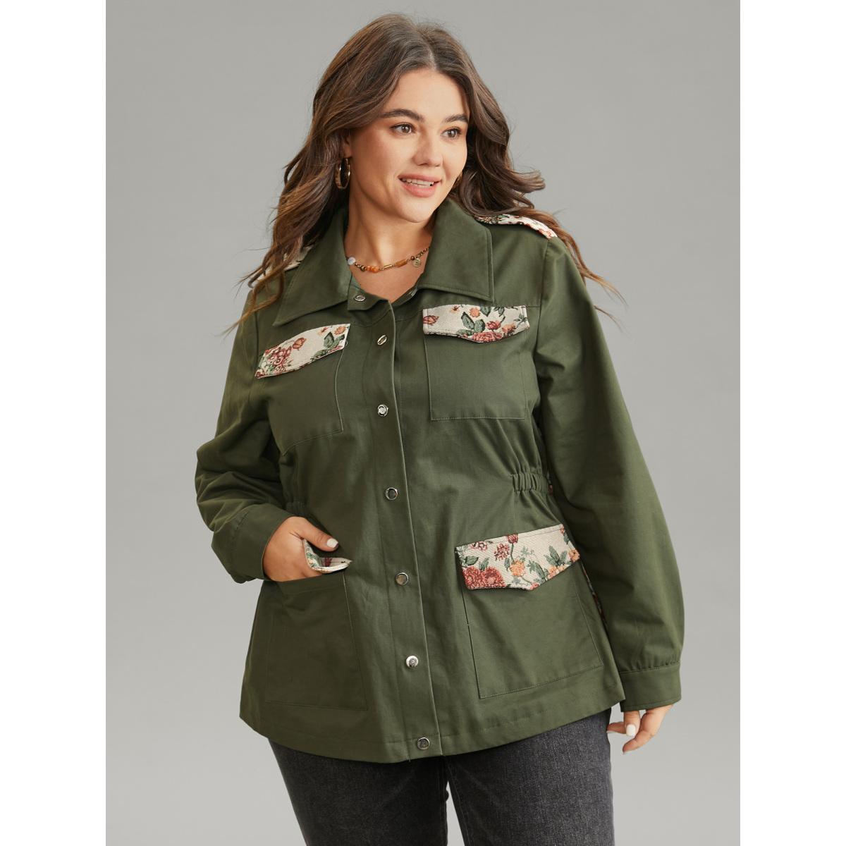Plus Size Jacquard Patchwork Elastic Waist Flap Pocket Jacket Women ArmyGreen Lined Pocket Dailywear Jackets BloomChic 18-20/2X Product Image