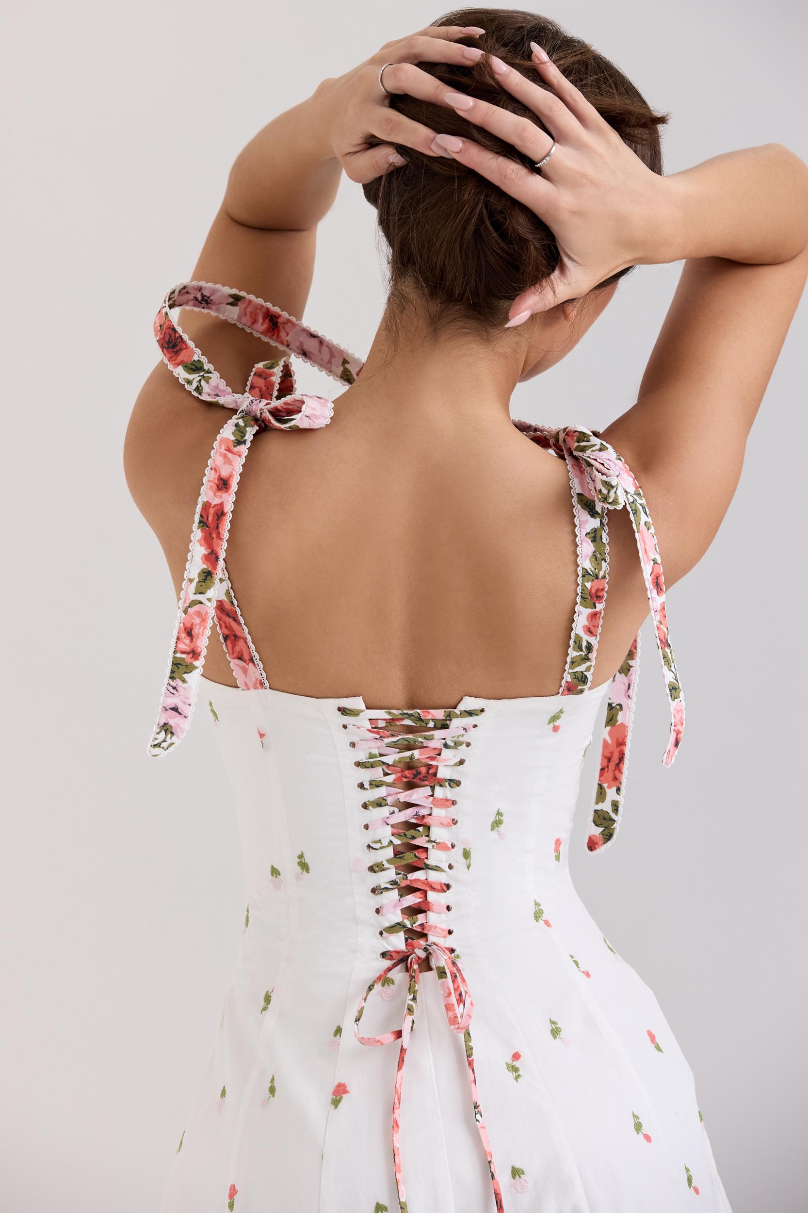 Emely  white floral print stretch cotton midi sundress Product Image