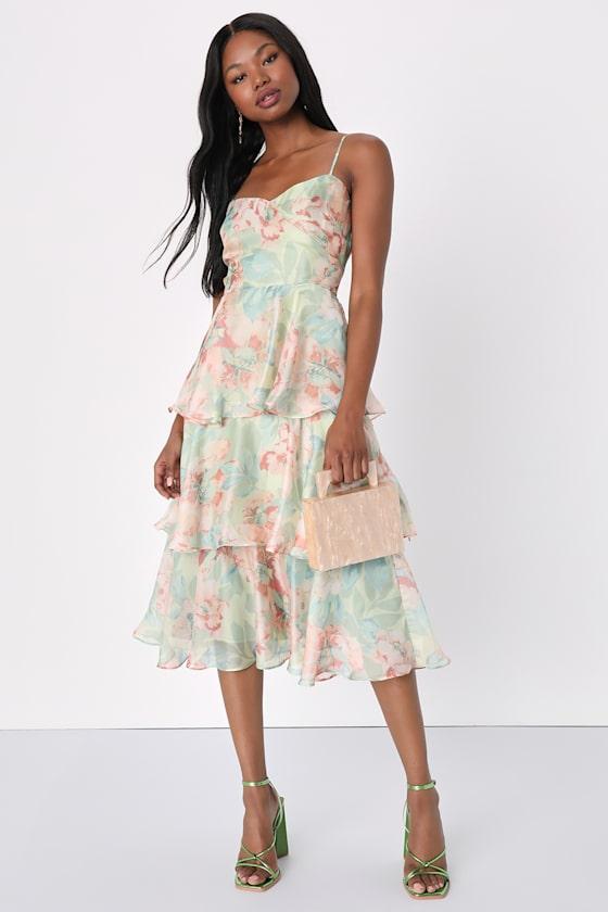 Darling Aesthetic Green Floral Print Tiered Midi Dress Product Image