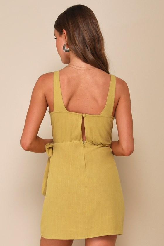 Effortlessly Airy Chartreuse Linen Faux Wrap Mini Dress Product Image
