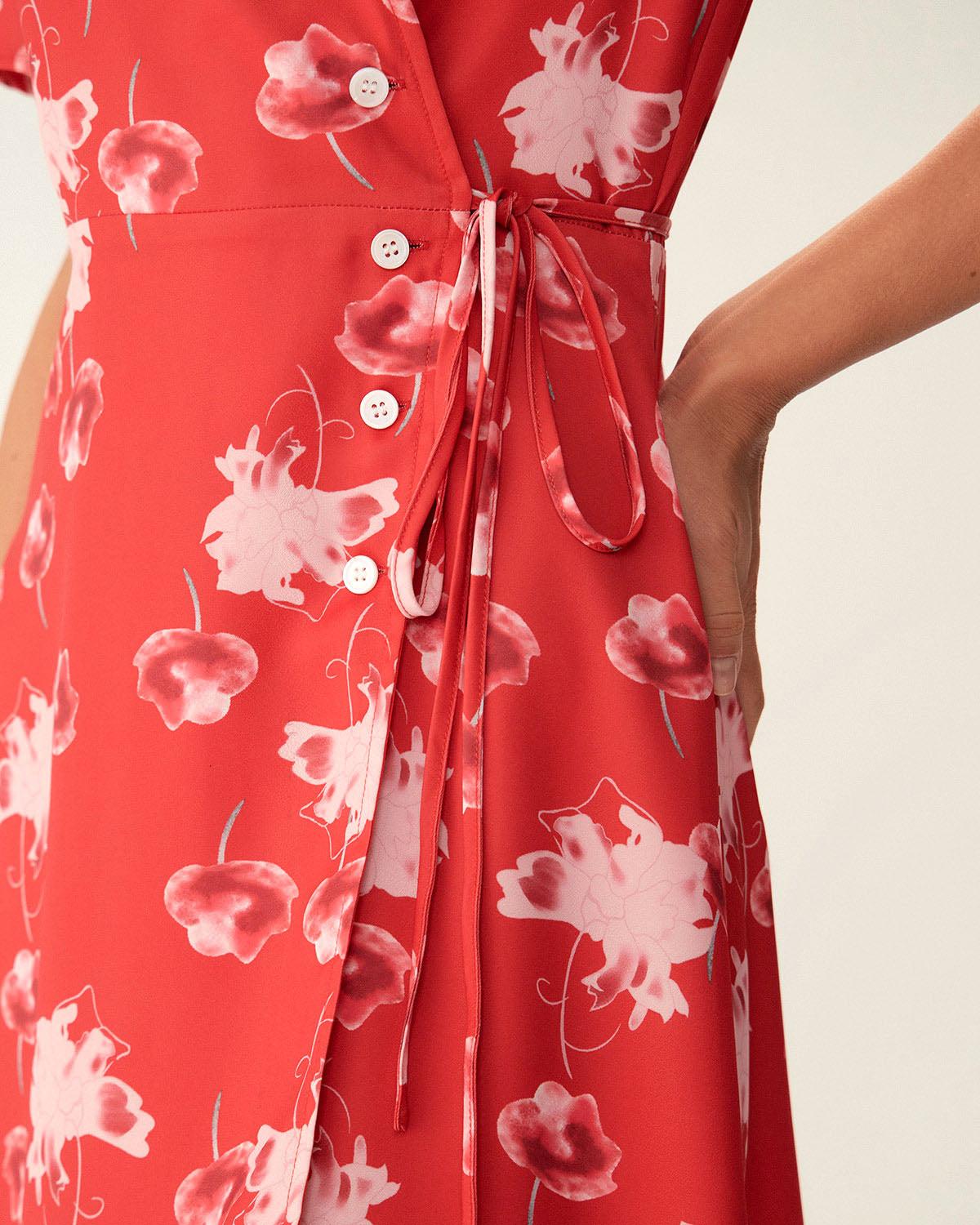 Red Floral A-Line Wrap Mini Dress Product Image