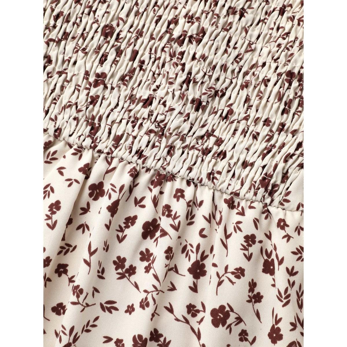 Plus Size Stretchy-Waist Printed Pockets Midi Dress Apricot Women Elegant Frill Trim Round Neck Long Sleeve Curvy BloomChic 22-24/3X Product Image