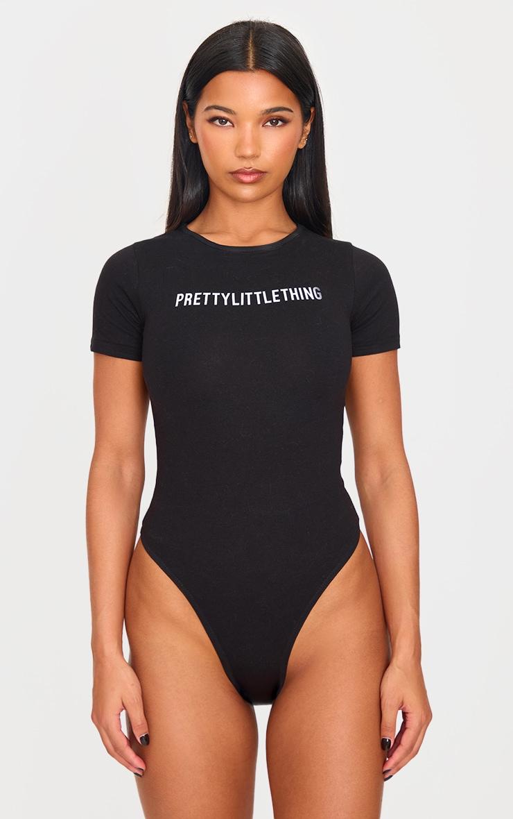PRETTYLITTLETHING Black Logo Short Sleeved Bodysuit Product Image