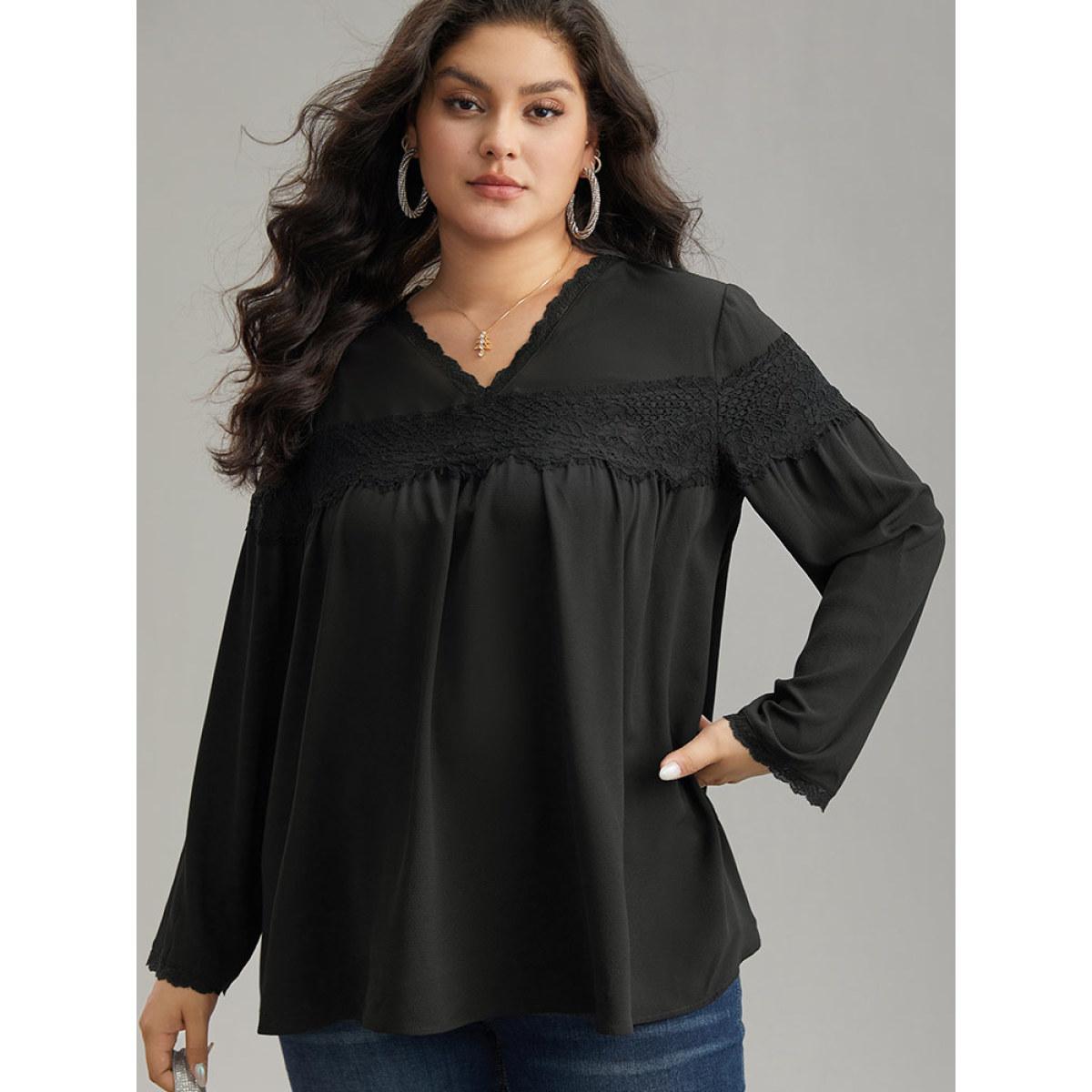 Plus Size Black V Neck Lace Panel Gathered Blouse Women Glamour Long Sleeve V-neck Going out Blouses BloomChic 28/5X Product Image