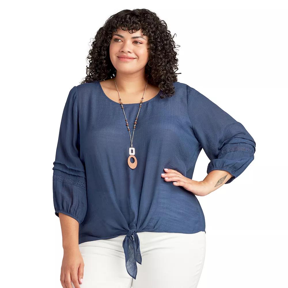 Plus Size AB Studio Tie Front Top With Necklace, Women's, Size: 2XL, Blue Product Image