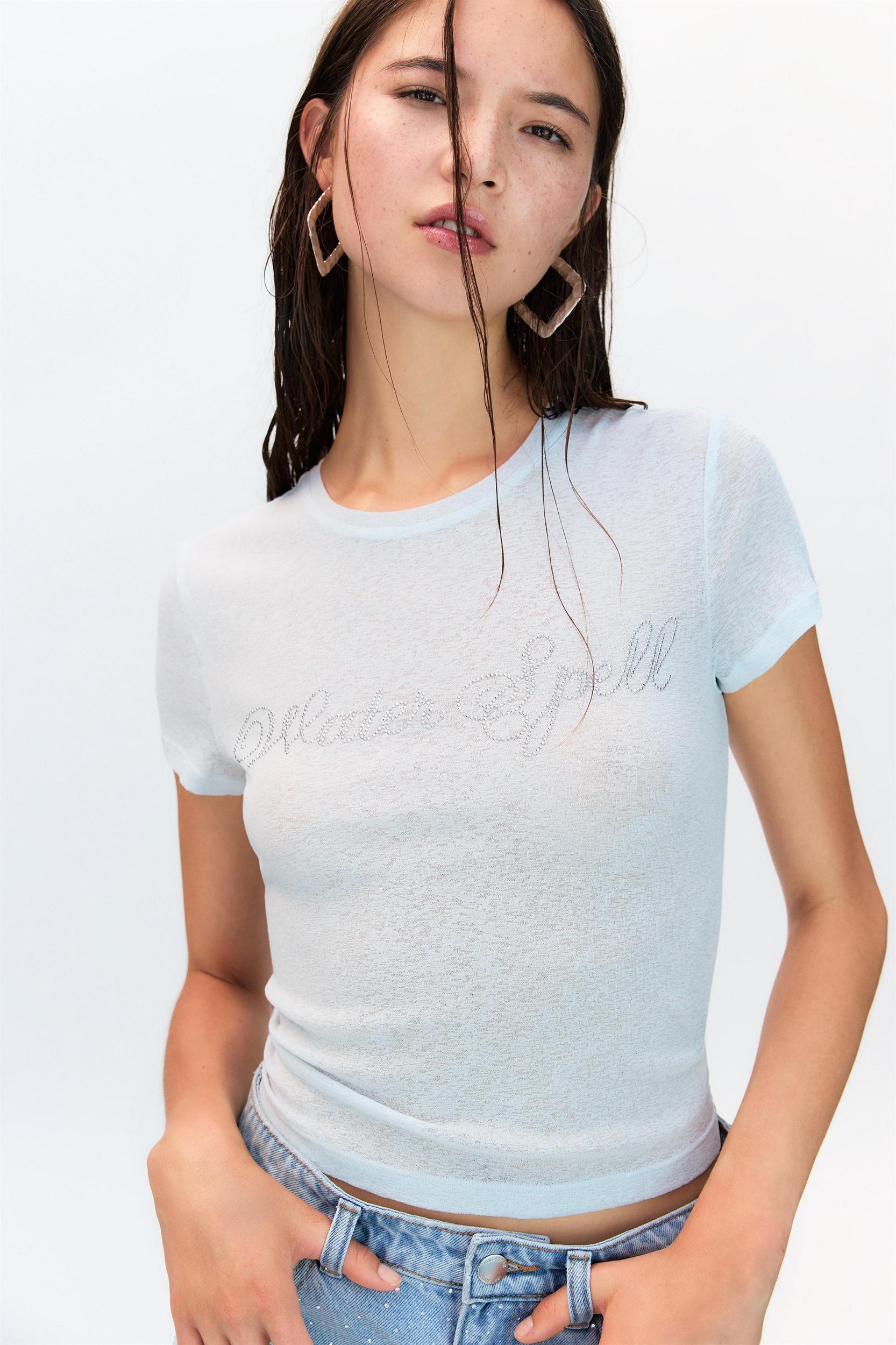 T-shirt with rhinestone slogan Product Image