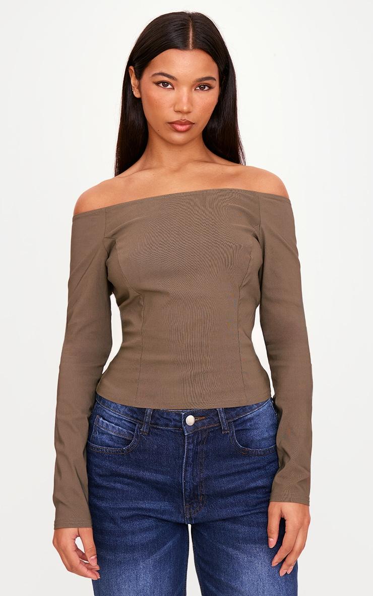 Khaki Bengaline Boatneck Long Sleeve Top Product Image