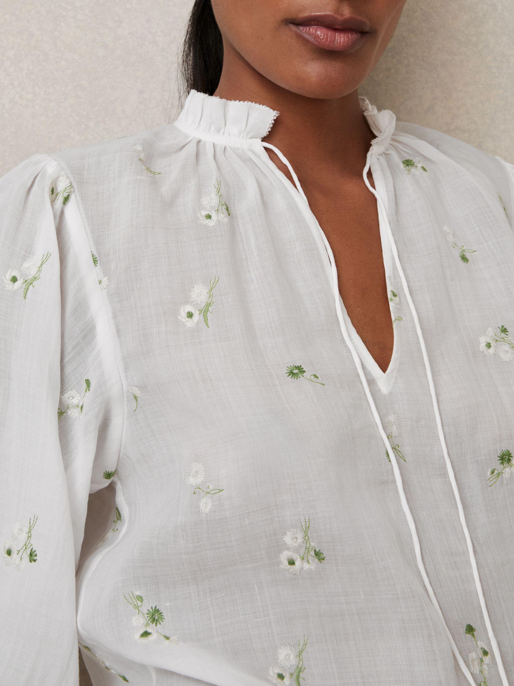 Floral-Embroidered Tie-Neck Blouse Ramie-Lyocell in Ivory Product Image