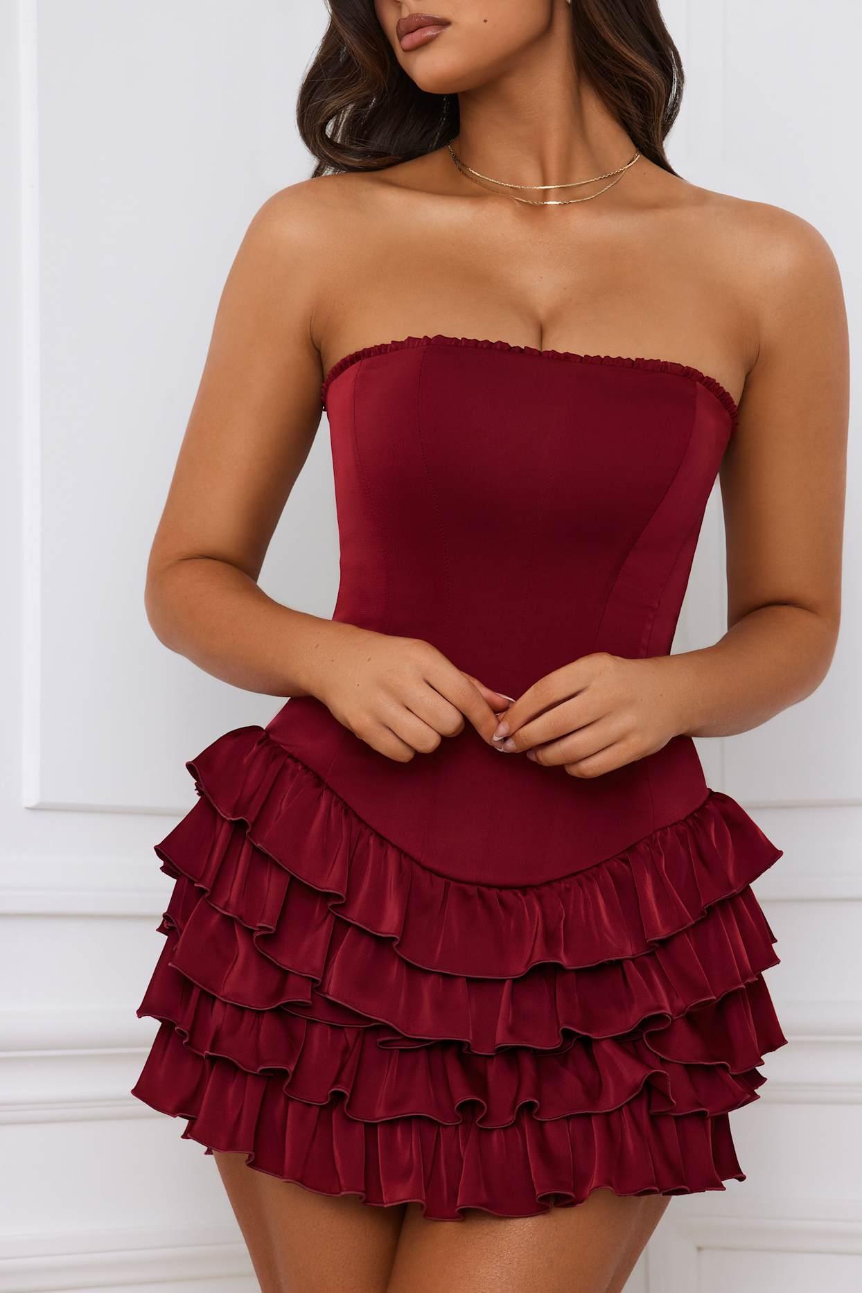 Bandeau Ruffled Tiered Corset Mini Dress in Berry Red Product Image