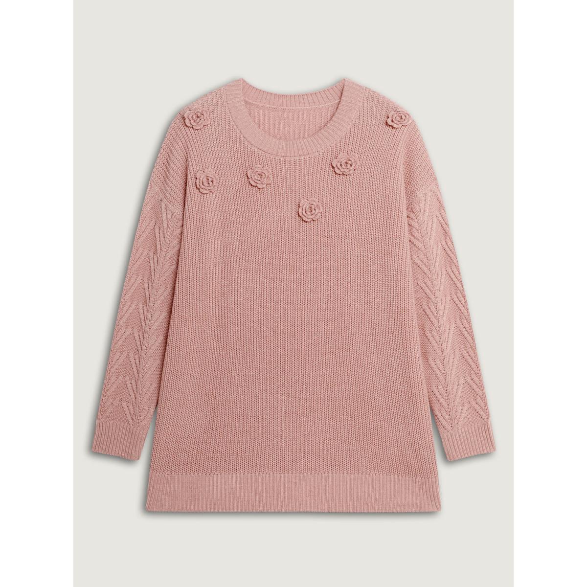 Plus Size 3D Floral Textured Pullover Dirtypink Women Leisure Loose Long Sleeve Round Neck Casual Pullovers BloomChic 18-20/2X Product Image