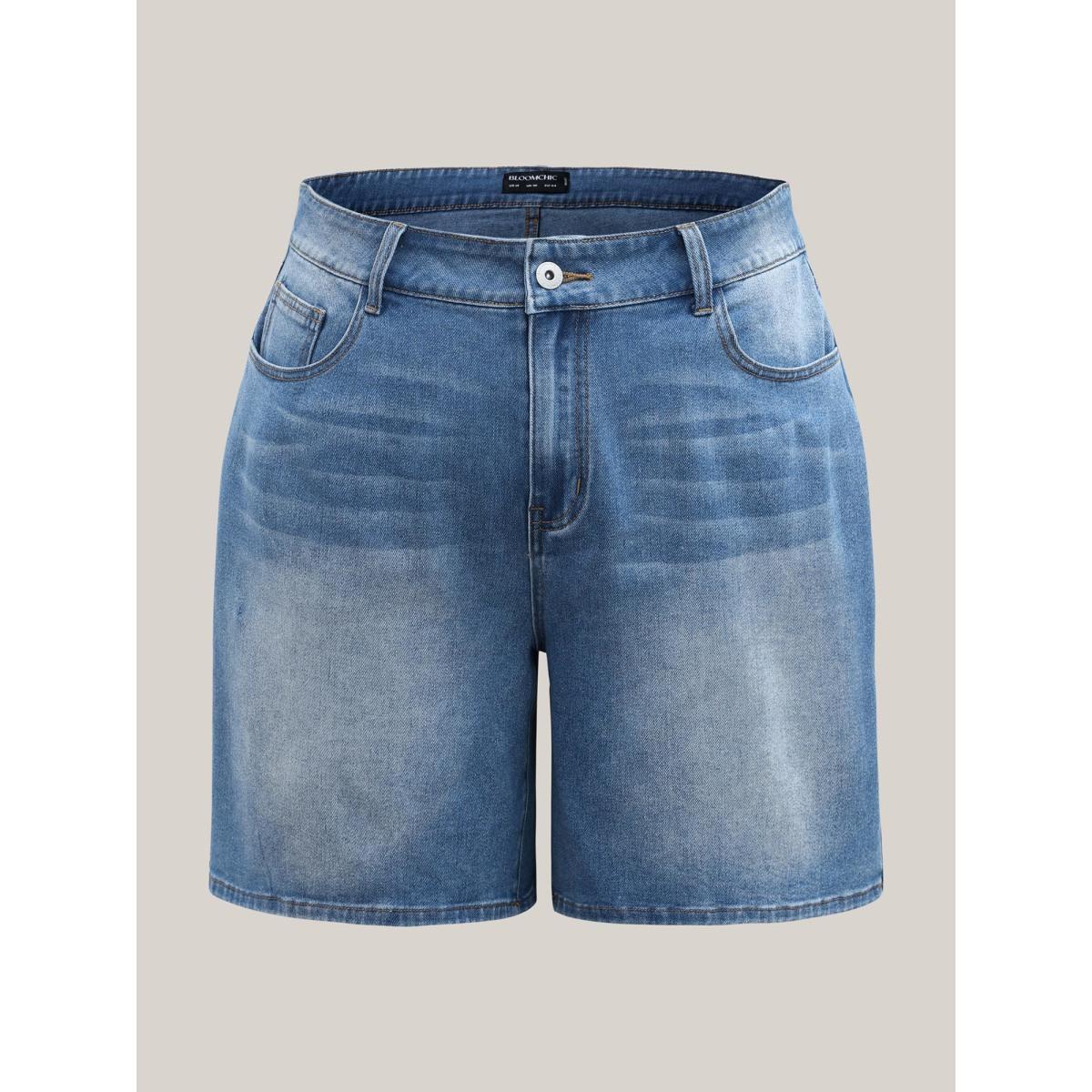 Plus Size Whiskered Wash Wide-Leg Denim Shorts Women Denimlightblue No stretch Casual Slanted pocket Leisure Denim Shorts BloomChic 22/3X Product Image